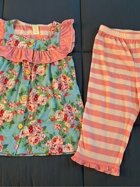 Matilda Jane Aqua and Pink Floral Striped Cropped Pamts Pajama Set Size 6
